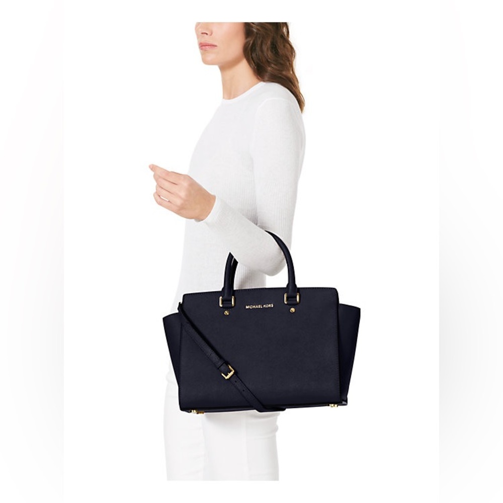Michael Kors Selma Black Saffiano Medium Leather Satchel Tote (Crossbody Strap)